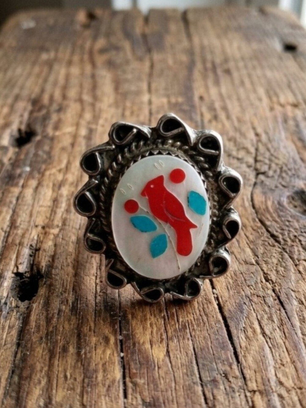 Vintage Zuni Sterling Silver Cardinal Stone Inlay Ring Size 6.5